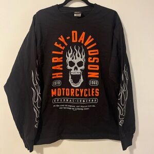 Harley-Davidson Black Long Sleeve Tee with Orange Logo & Gray Skull